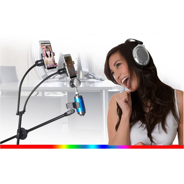 TaffSTUDIO Microphone Standing Holder Tripod with 2 x Smartphone Holder - Black - 7RSK03BK