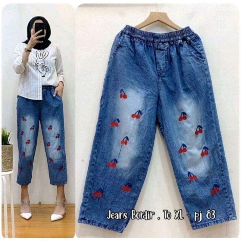 Baggy Jeans Korean / Jeans Bordir Wanita / Celana Korea Wanita