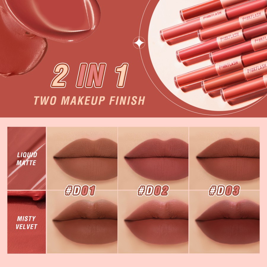 PINKFLASH 2 IN 1 Double Effect Lipstik Ombrelips Liquid Matte Velvet Lipstick Lightweight High Pigment Lasting Lipstik - V01