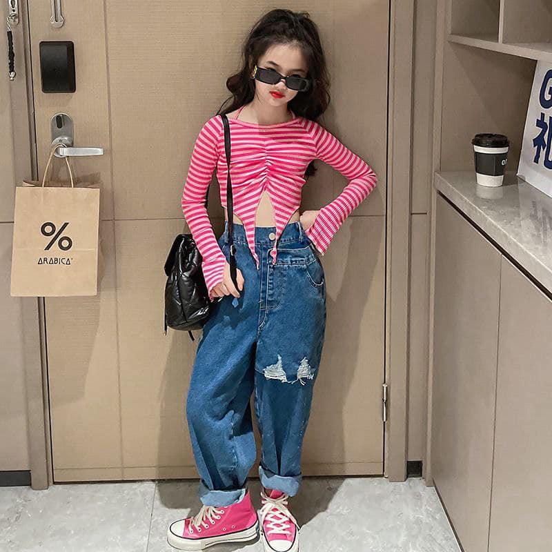 [JEWELS KIDS] JAMILA PINK STRIPE CROP SET /SETELAN CROP TOP ANAK TANGGUNG KOREA IMPORT/SETELAN CELAN