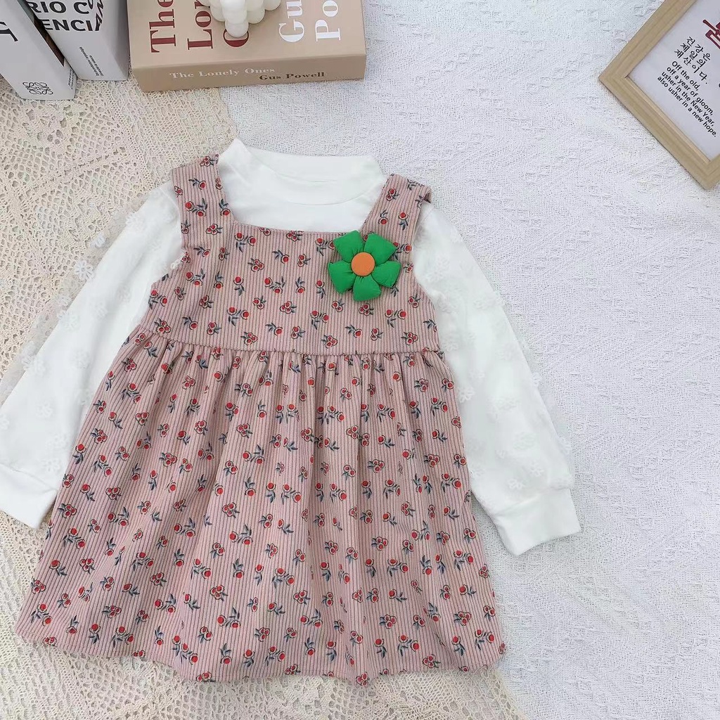 【Baru Datang】(0-4 Tahun )QZ-105 Dress Anak Cewek premium + Baju Lengan Panjang Motif Cherry TERMURAH