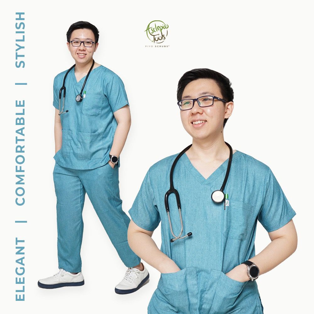 PIYO Scrubs Stylish Suit Smooth Blue / Baju Jaga / Scrub / Baju Dokter