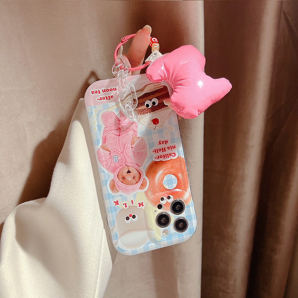 Ins Soft Case Silikon Motif Kartun Beruang Pink Dengan Rantai Untuk Iphone 14 11 12 13 PRO MAX