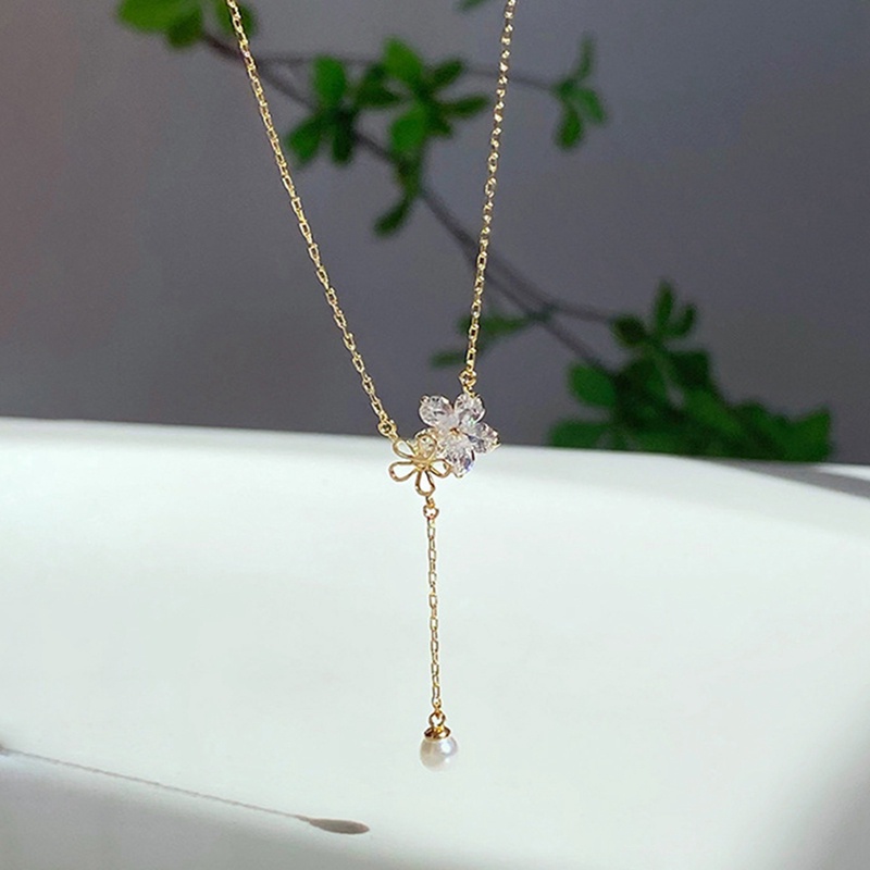 Fancyqube Kalung Rantai Klavikula Hias Mutiara Bunga Rumbai Untuk Wanita