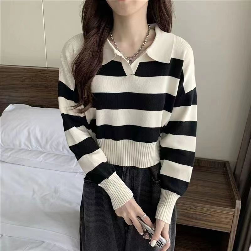 Kaos Panjang Wanita Vneck Lengan Panjang Stripe Tshirt