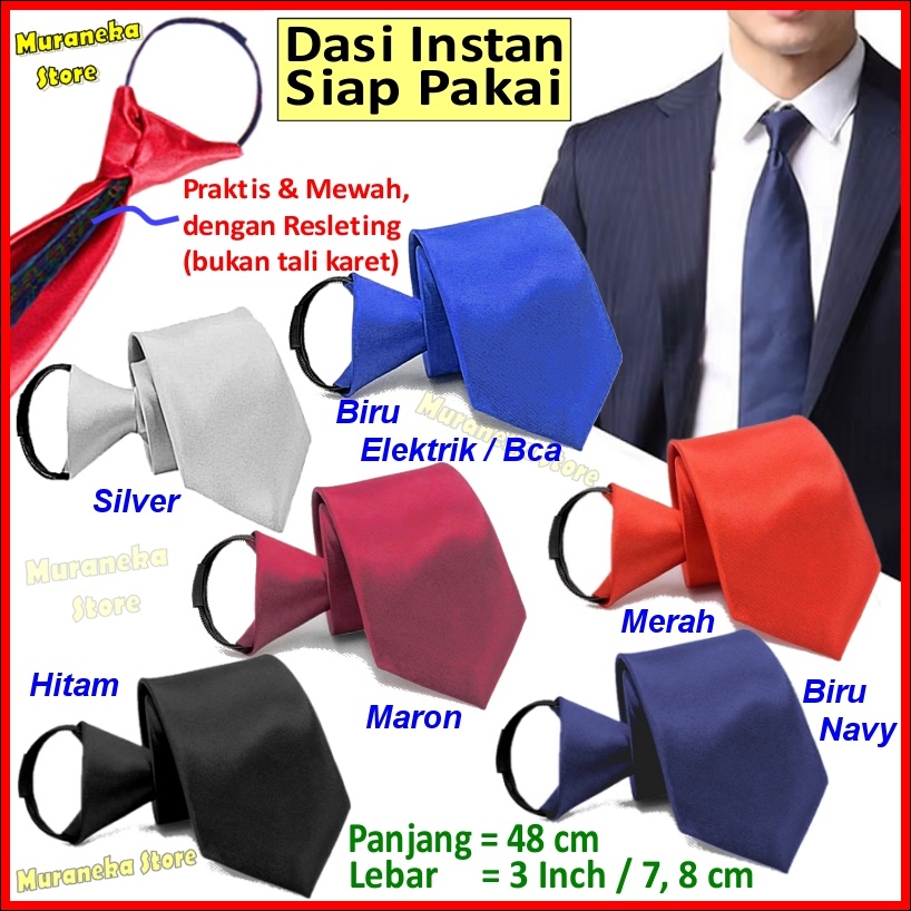 Dasi Pria Instan Resleting Polos Instant Langsung Siap Pakai Jadi Otomatis Hitam Zipper Formal Merah Warna Biru SIlver tie Necktie Praktis Velcro Remaja Polos Wisuda Seragam Kerja Kantor Pengantin Set Resmi Mewah Simpel Slim Garis Salur Premium Inch cm