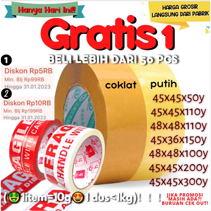 

LAKBAN 36MM/45MM/48MM BENING COKLAT 50/100/110/200/300 YARD 2 inch FRAGILE 4in1/ POLYMAILER PLASTIK MURAH BERKUALITAS / PEREKAT SELOTIP LANGSUNG DARI PABRIK TERMURAH