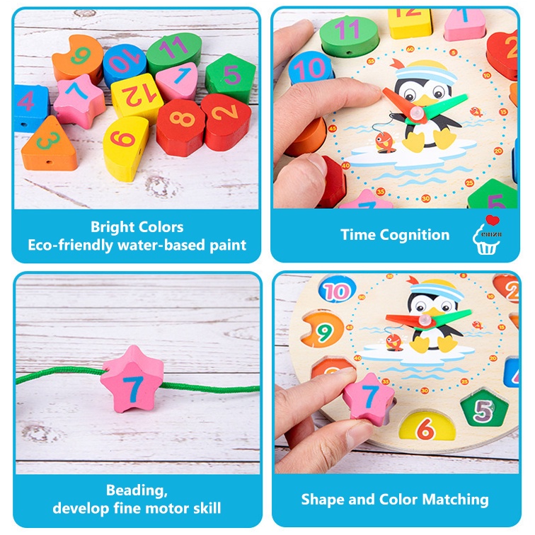 Penguin Chunky Beaded Clock | Mainan Jam Kayu Tebal | Montessori Beading Meronce Motorik Halus | Wooden Digital Number Shape Matching Puzzle | Memasangkan Angka Warna Bentuk Geometri | APE Alat Peraga Edukatif Edukasi Anak Mengenal Waktu Time Teaching Aid