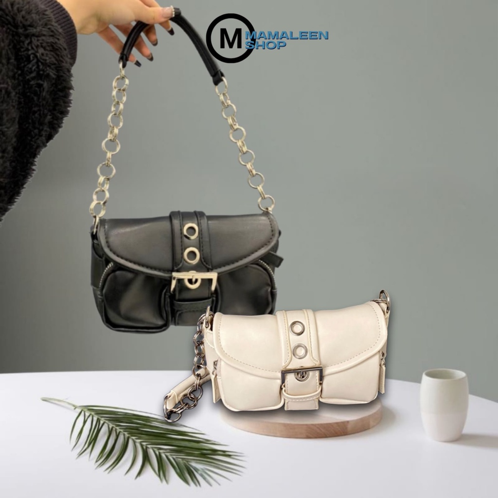 Tas Slingbag Bahu Wanita Tali Rantai Mini Kulit Polos Import