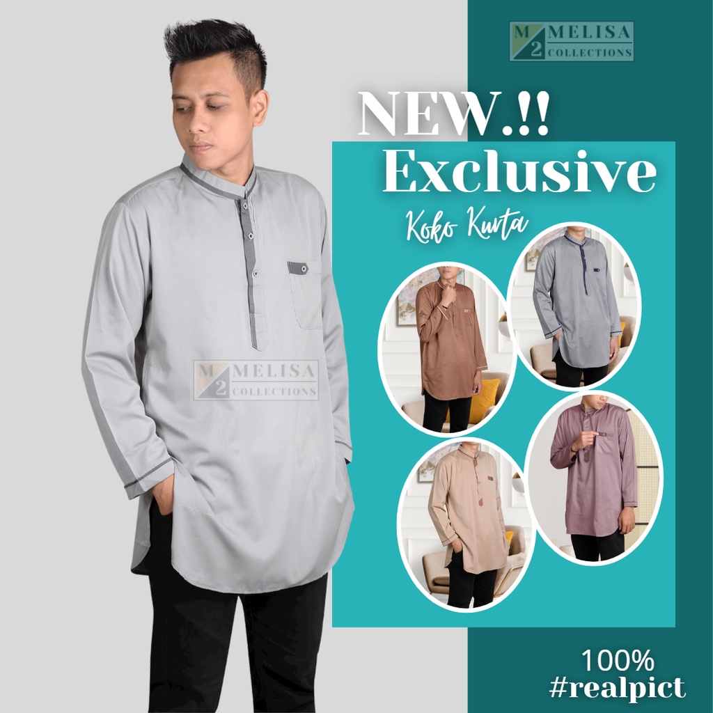 Baju Koko Pria Kurta Lengan Panjang Bahan Katun Tesla Warna Abu Abu Muda Baju Muslim Pria