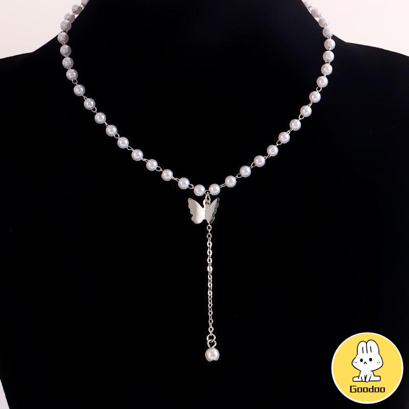 Retro Butterfly Pearl Kalung Lembut Gadis Kecil Cinta Liontin Kalung Rantai Klavikula -Doo -Doo