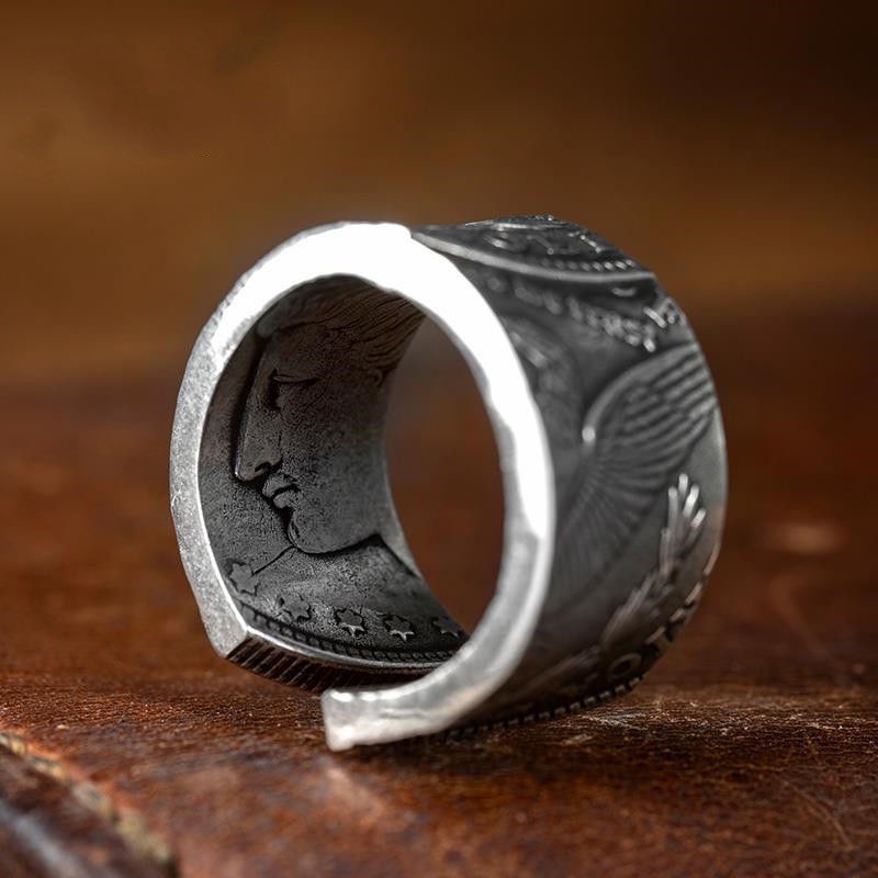 Cincin Model Terbuka Adjustable Desain Koin Morgan Warna Silver Gaya Vintage Rock Untuk Pria