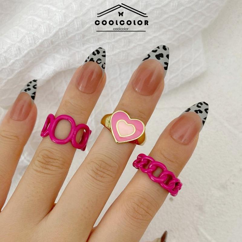 COD❤️3PCS Heart Geometry Rings Cincin Geometri Jantung Cincin Mode Menetes Minyak yang Dapat Disesuaikan untuk Aksesoris Perhiasan Wanita- cl