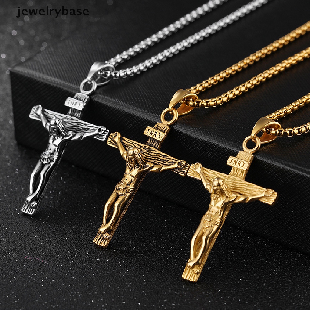 Kalung Rantai Liontin Salib Yesus Bahan Stainless Steel Warna Silver Untuk Pria