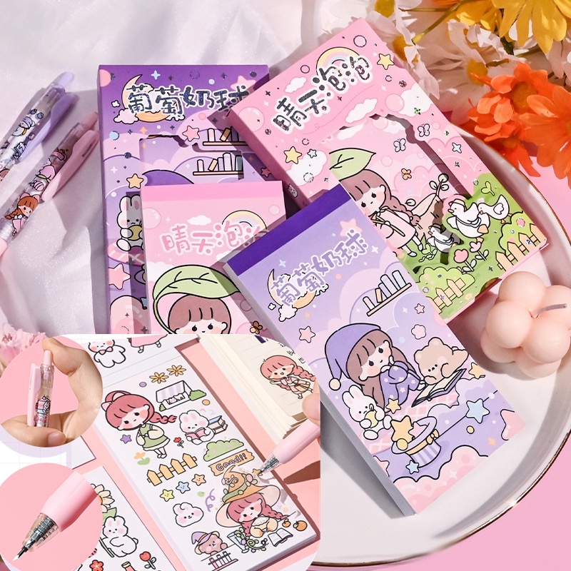 50lembar Stiker Lucu Set Buku Dengan Pisau Ukir Tidak Berulang DIY Bahan Washi PET Stiker Dekorasi Akun Tangan Alat Tulis