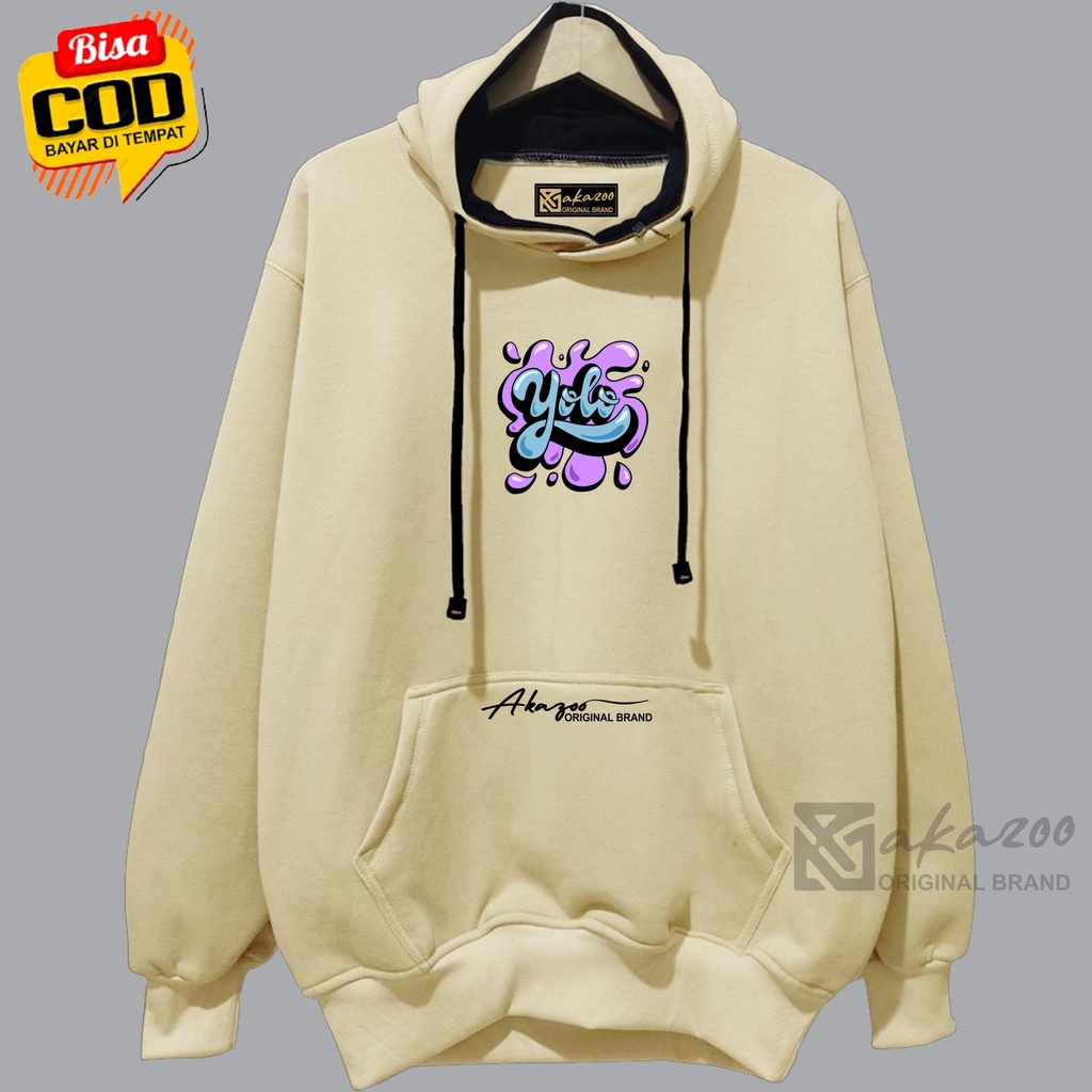 hoodie pria distro tebal keren kekinian 2022 akazoo warna cream YOLO switer cowok distro keren viral