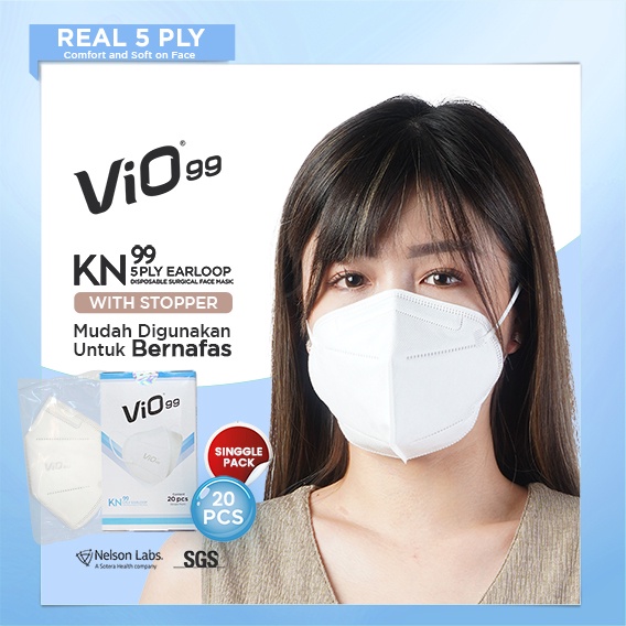 Vio KN99 Mask 5 Ply Earloop 20'S White (Stopper) Individual masker medis dalam kemasan per pack dengan adjustable earloop starp