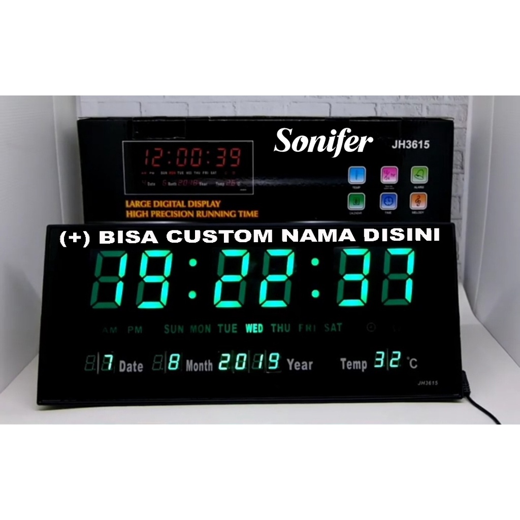 Jam Dinding Digital Sonifer 3615 LED Clock 36 x 15 cm LED Hijau/Biru FREE CUSTOM NAMA