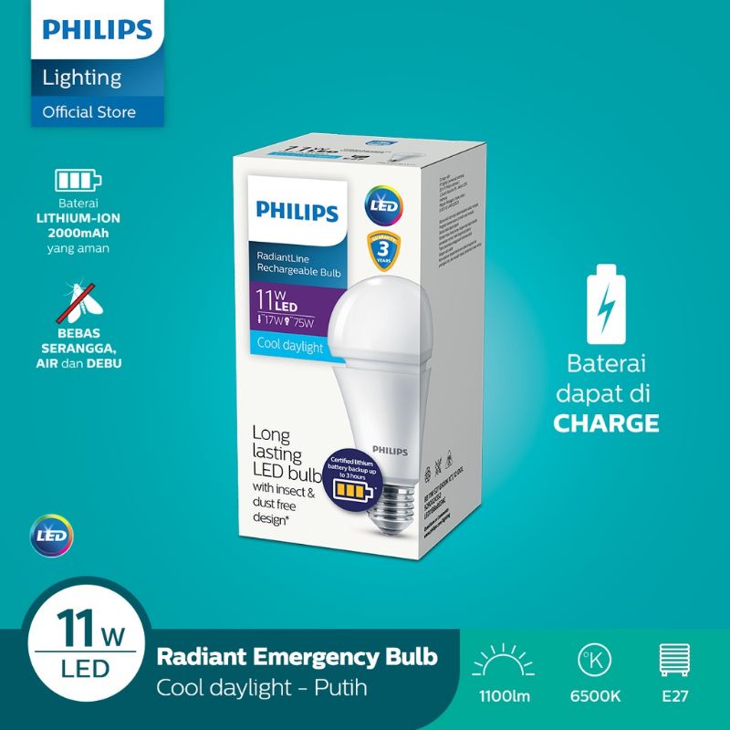 Philips RadiantLine Rechargeable LEDBuld 8W 6500K 11W Putih Emergency Lampu Darurat Lampu Baterai Isi Ulang