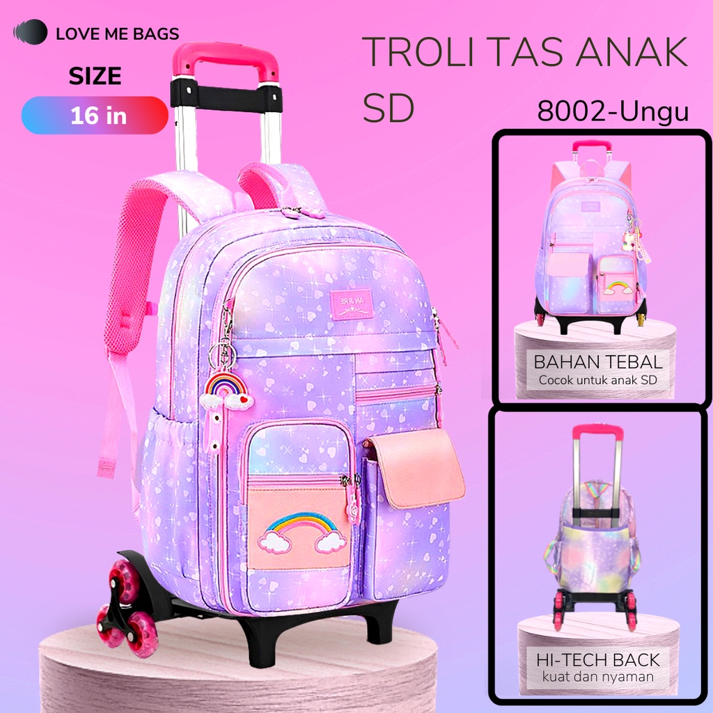 Tas Troli Roda 3 Anak Sekolah Perempuan SD Remaja Import Bisa Lepas Pasang Bahan Parasut Import Tebal Gratis Raincover