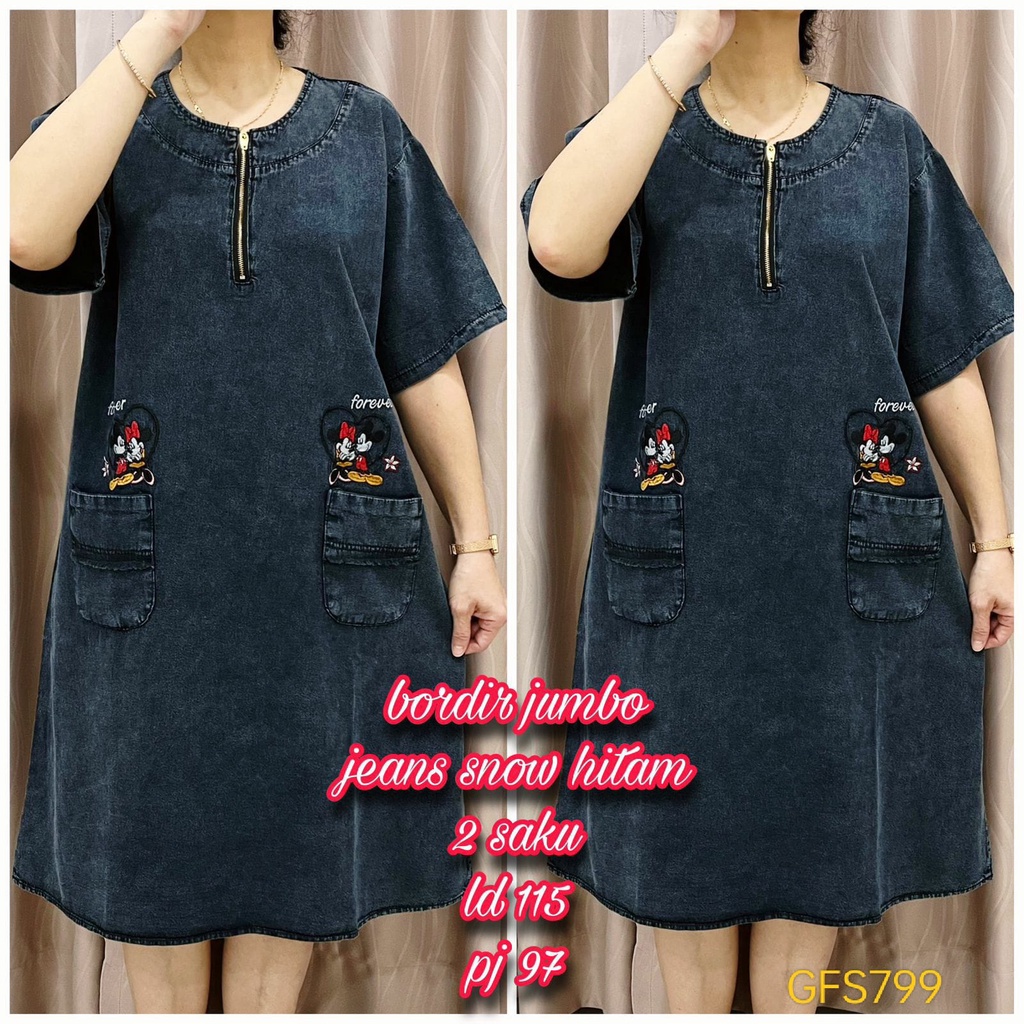 GFS799 Dress Wanita Jeans Bordir Jumbo Snow Hitam Mickey Minnie Mouse LD115 PJ97 Black Jeans