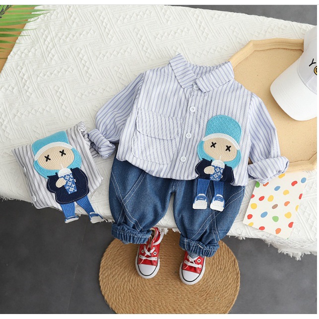 Baju Setelan Anak Cowok Lengan Panjang Impor PREMIUM QUALITY- MATA SILANG KEMEJA + JEANS