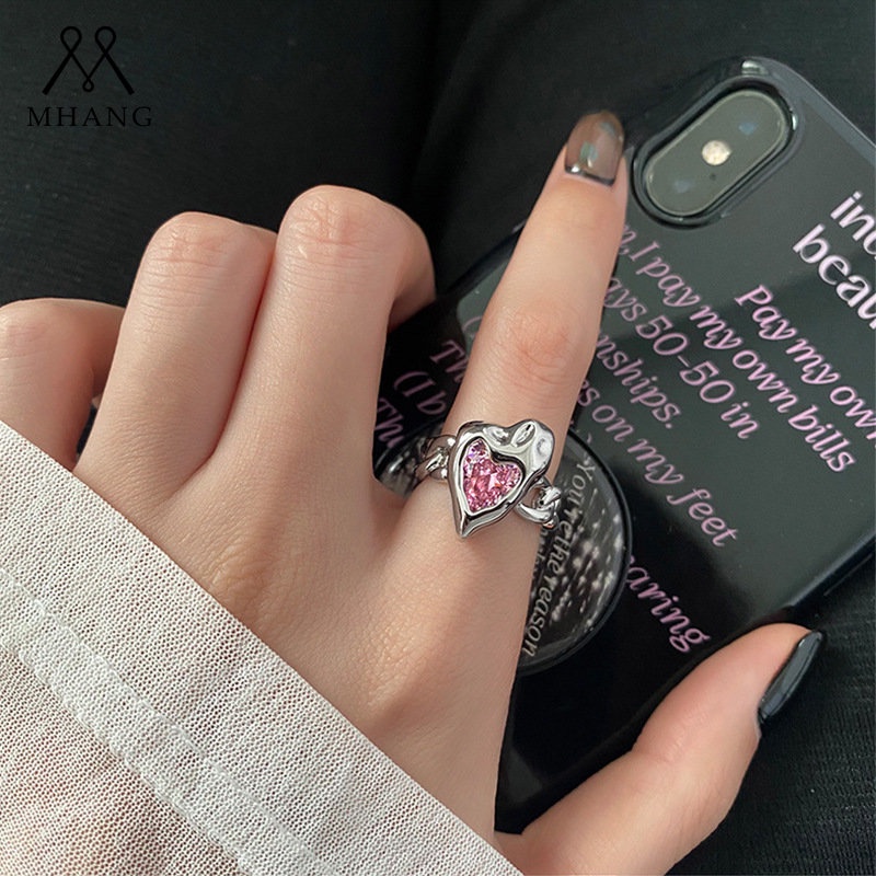 Mhang Cincin Silver Asimetris Gaya Eropa / Amerika Motif Hati Aksen Kristal Pink Untuk Wanita