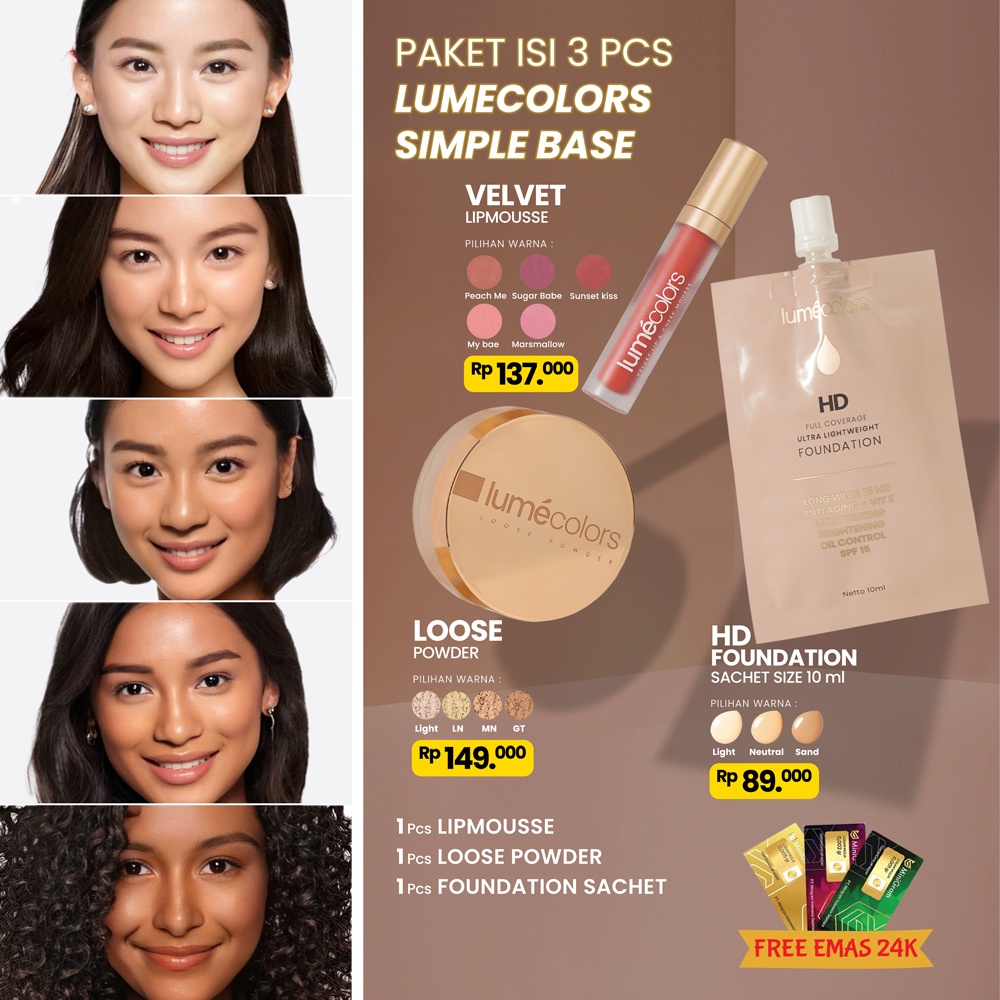 (Free Emas 24K) Lumecolors Paket Bundling 3in1 Simple Base Loose Powder + Sachet Foundation 10ml + Lipmousse