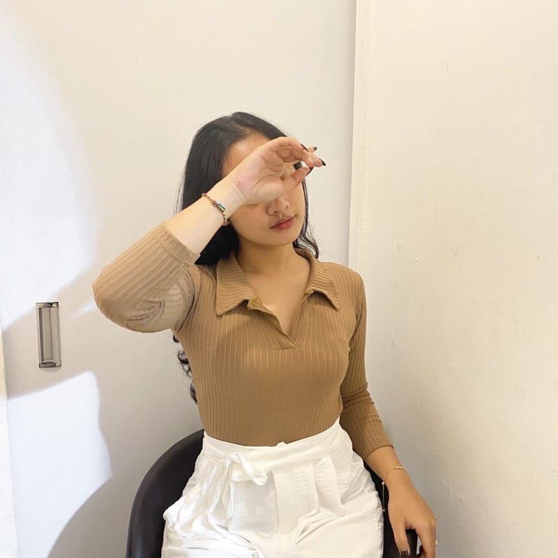 ARAYA POLO ATASAN WANITA BB 30KG - 55KG MELAR KERAH POLO WANITA rajut PREMIUM-Cream tua