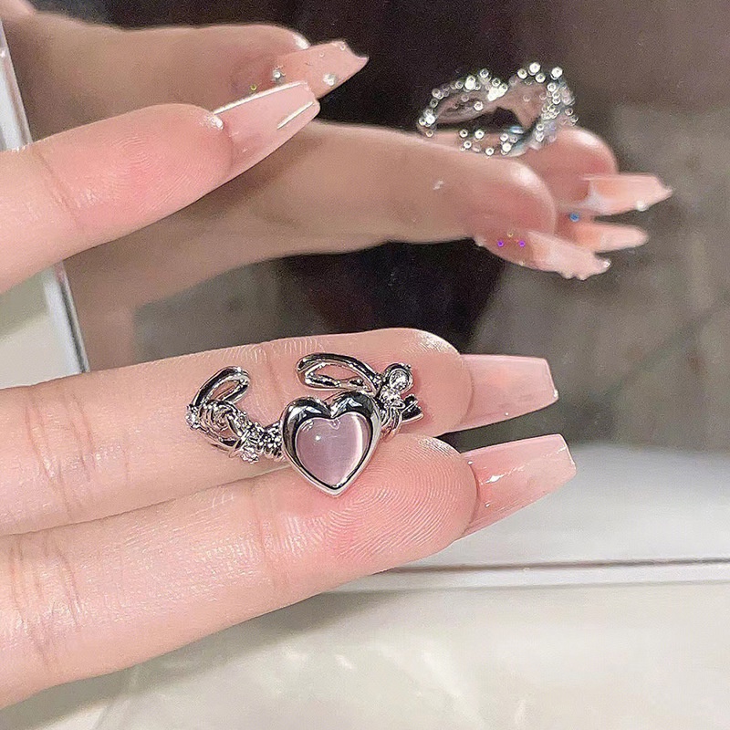 YEEZII Cincin Silver Model Terbuka Adjustable Desain Hati Hias Opal Pink Untuk Wanita