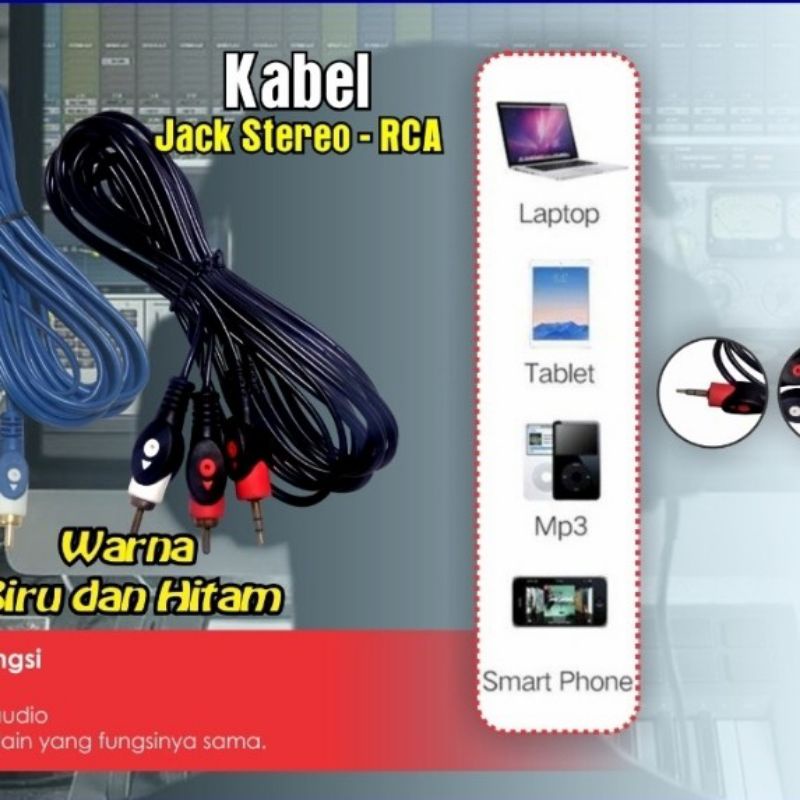 Kabel audio 2-1, jack 3.5mm ke rca 2 audio, 5m premium
