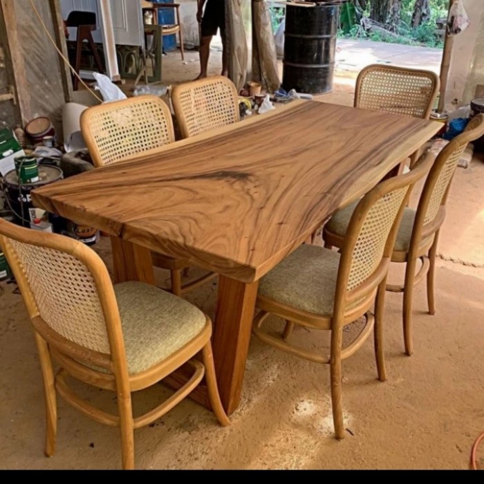 meja makan kayu utuh kursi rotan kayu jati / meja makan minimalis k6