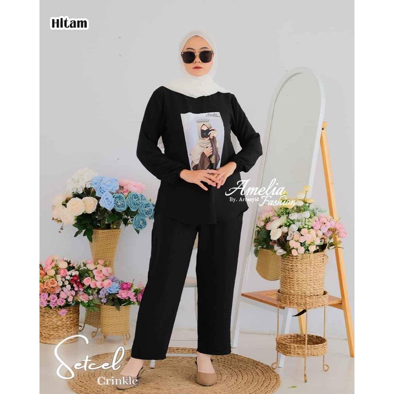 Mega SALE NEW YEAR setelan crinkle sablon / one set sablon viral / baju wanita / setelan crinkle air