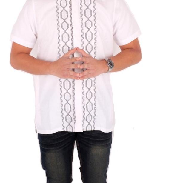 kemeja koko polos kerah sanghai lengan pendek pria muslim - Biru, M