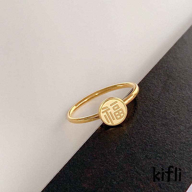 Cincin Emas 18K Bahan Titanium Steel Gaya China Retro Untuk Perempuan