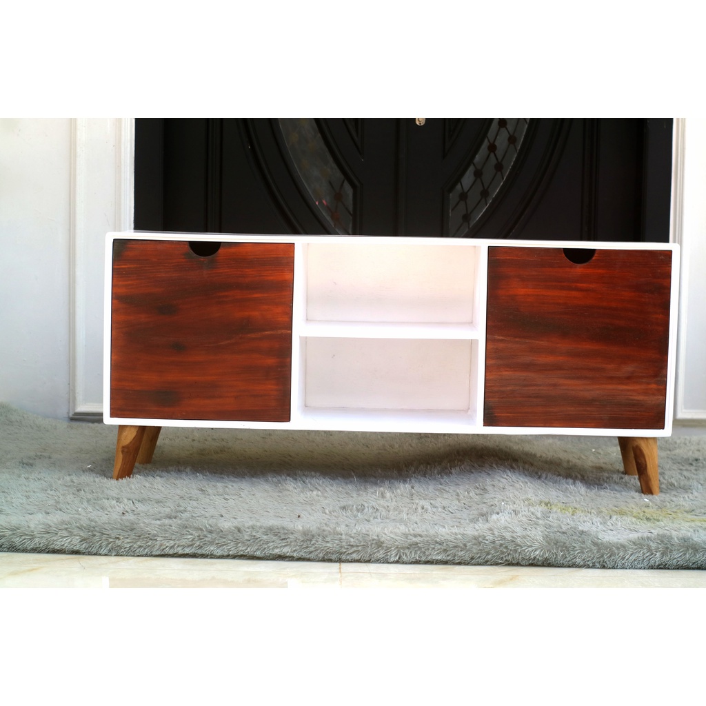 Meja TV Minimalis Jihan | Meja TV Retro | Meja Kayu Jati Belanda Oven | Meja Rak TV Minimalis | Kayu Solid Duco Premium Quality