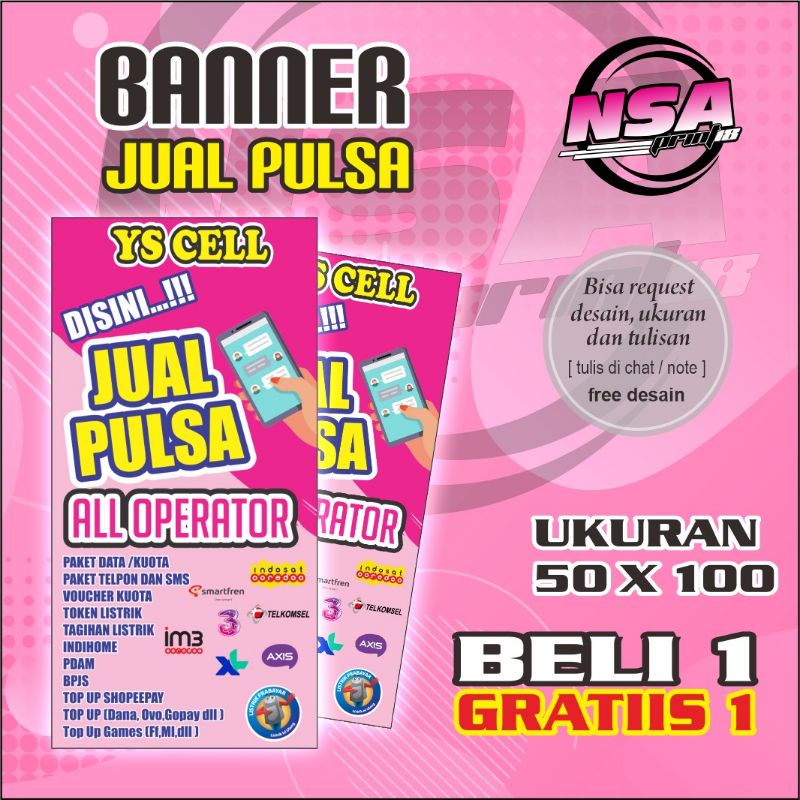 Cetak banner/spanduk, banner konter pulsa, Spanduk jual pulsa BELI 1 GRATIS 1 Ukuran 50×100