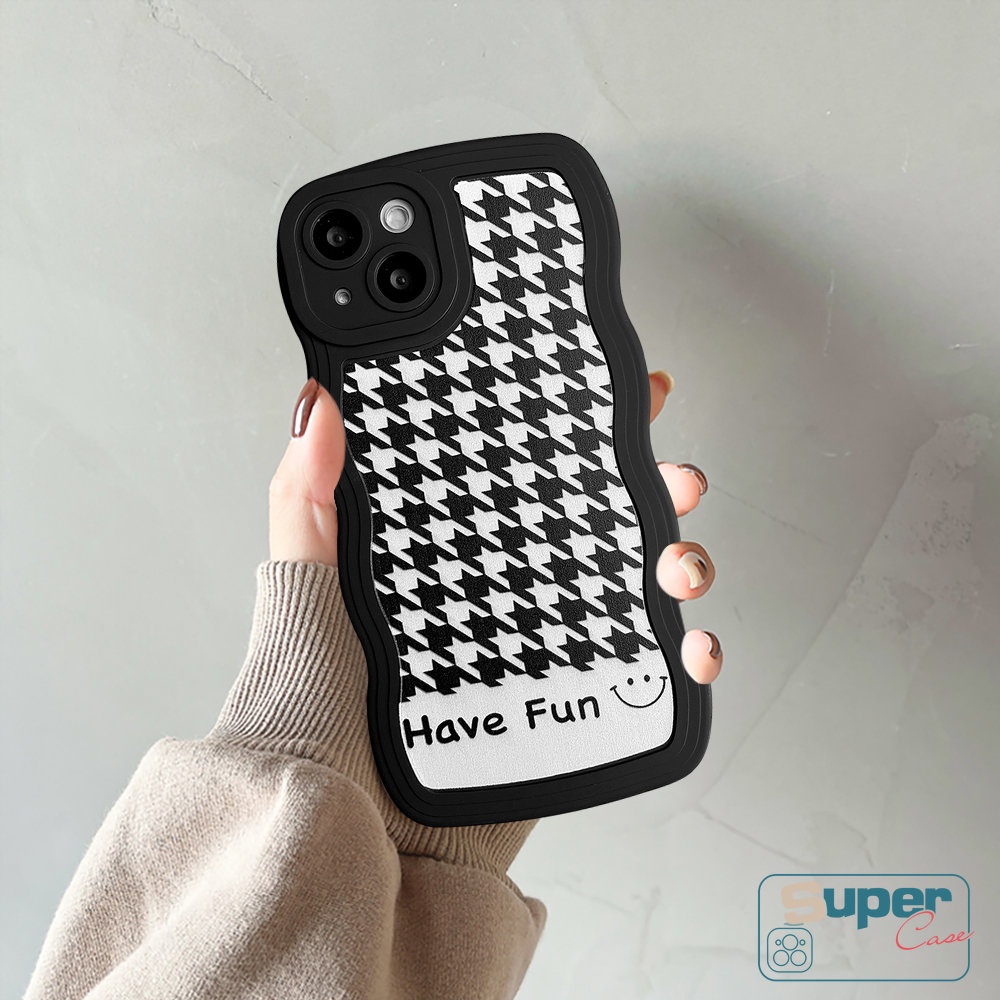 Ins Trend Casing Ponsel Motif Houndstooth Untuk Realme C55 C35 C15 C21Y C12 C11 C25s C25 C25Y 5 5s 6i 5i C3 C1 C20A C20 C11 2021 C20A Smiley Lucu Hitam Bergelombang Edge Case