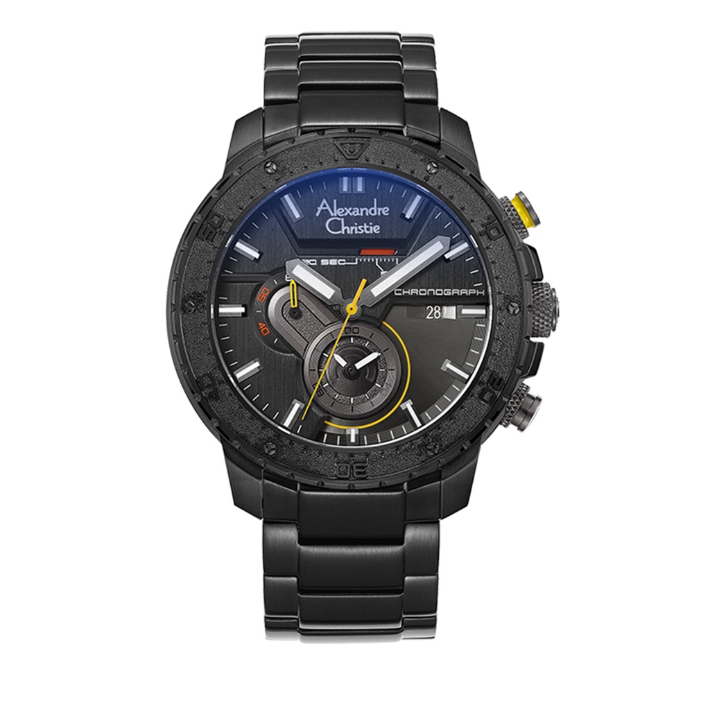 Jam Tangan Alexandre Christie Sport Chrono Male Chrono Band Black Black Dial Yellow 46mm - AC6627MCB