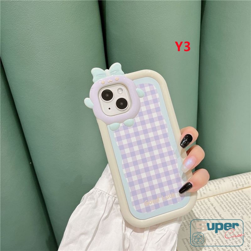 Phone Case Compatible For iPhone 11 XR 7plus 7 8 6 6S 14 Plus 14 13 12 Pro Max X XS MAX SE Cute Ins Colorful Lattice Cartoon 3D Bow-knot Little Monster Lens Soft Back Cover