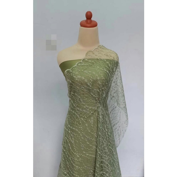 Paket Lengkap Kain Bridesmaid / Kain Satin VElvet Moss + Brukat Tile Soft Green