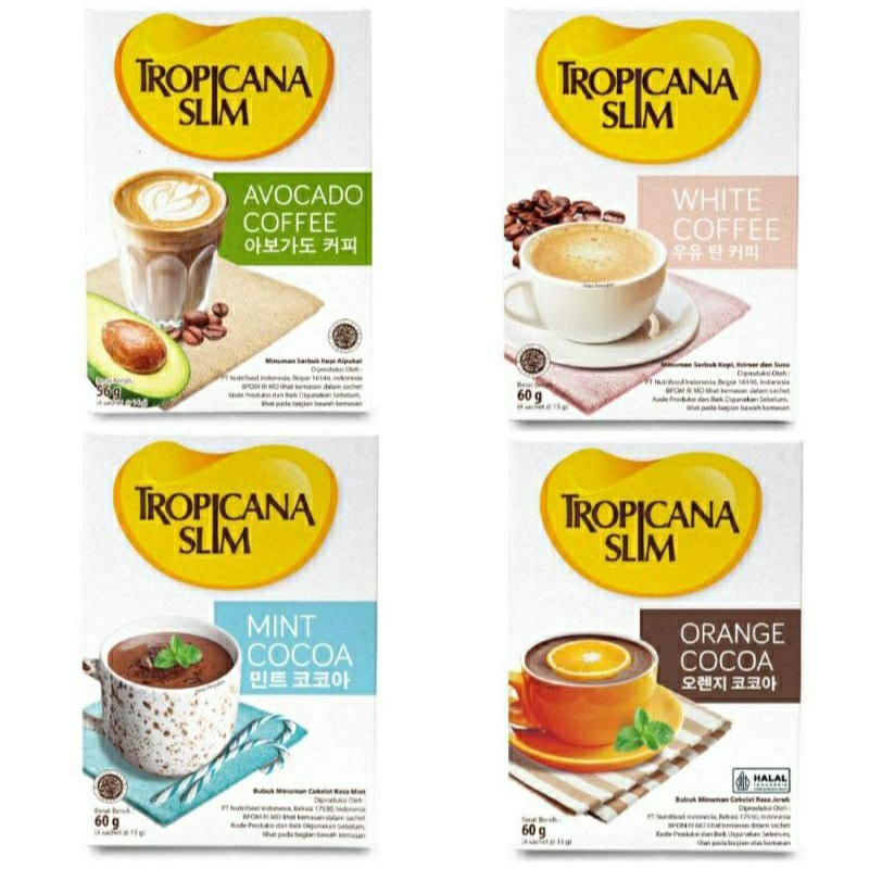 

Tropicana Slim Mint Cocoa - Orange Cocoa - Avocado Coffee - White Coffee 4 Sachet @15gr