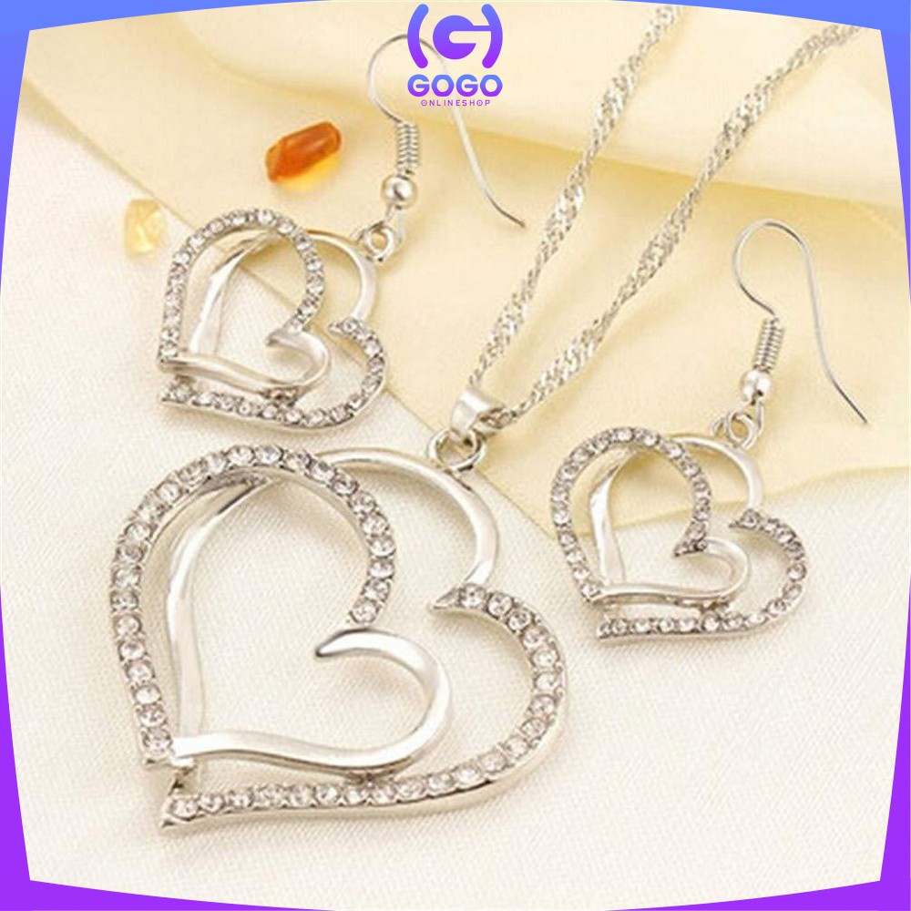 GOGO-K120 Kalung Anting Set Motif Hati Kalung Rantai Anti Karat Fashion Wanita Korea Aksesoris