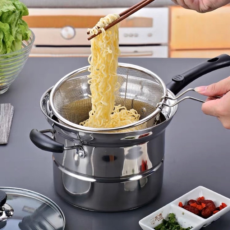 Panci 3in1 Goreng Rebus - Deep Fryer Gagang Panjang &amp; Kuping 2 - Panci Mie Stainless - Panci Steamer Multifungsi