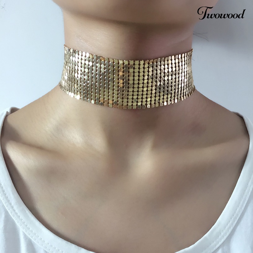 Kalung Choker Model Lebar Bahan Mesh Aksen Payet Gaya Punk Untuk Wanita