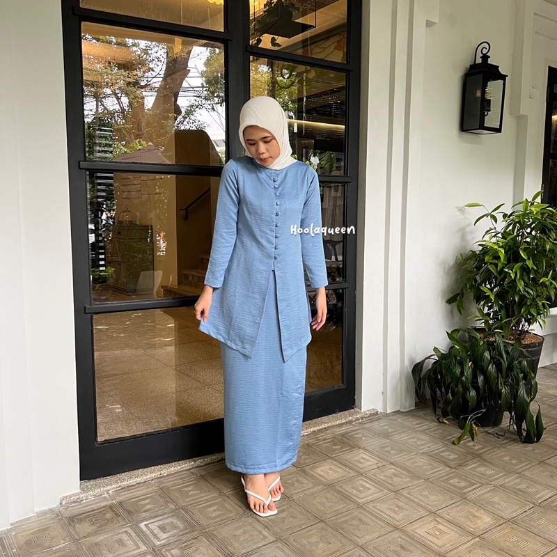 Hoolaqueen - One Set Button Satin Crinkle - Set Kurung Melayu - Baju Kondangan - One Set Rok Melayu