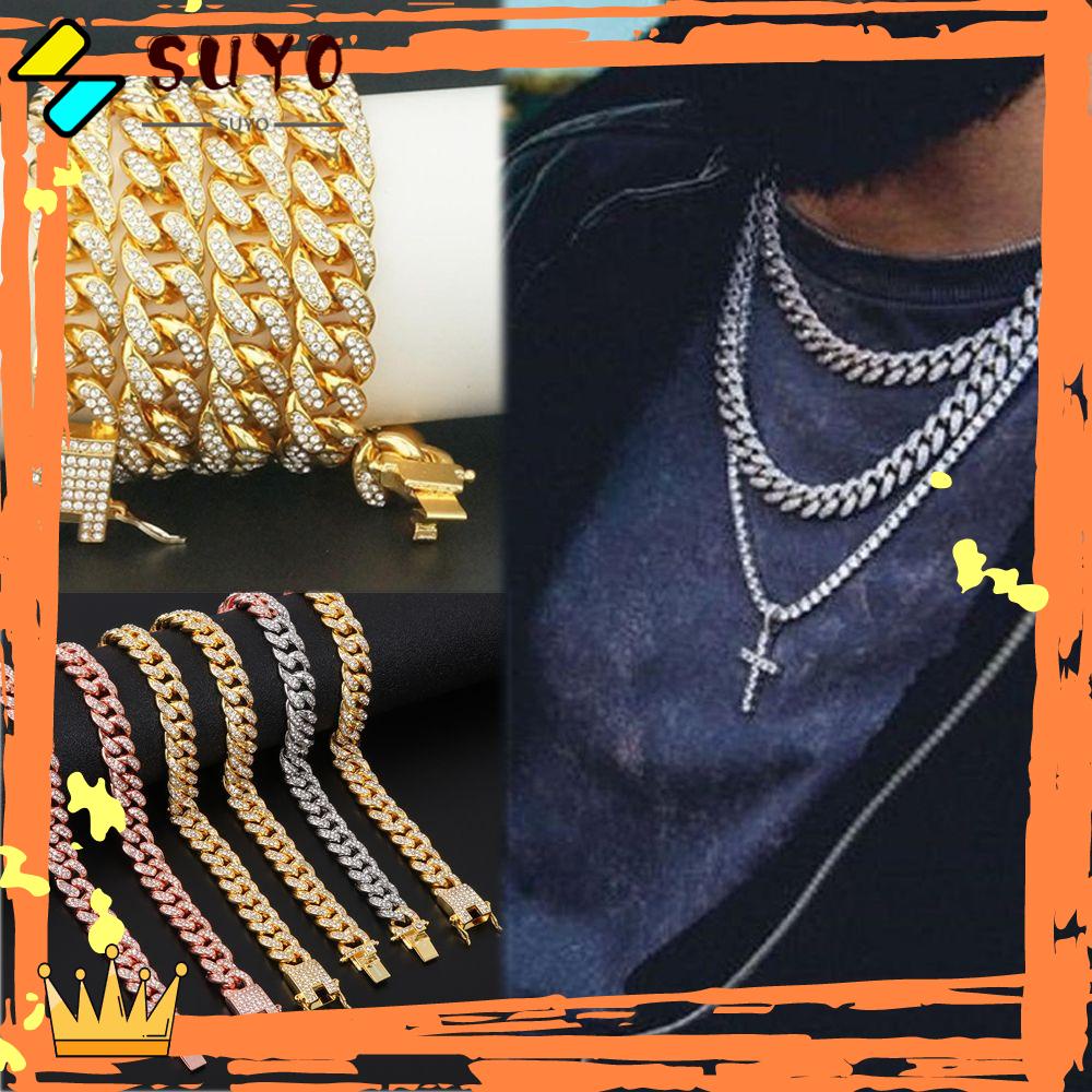 Suyo Kalung Rantai Lebar 12mm Hias Berlian Imitasi Gaya Hip Hop Untuk Wanita