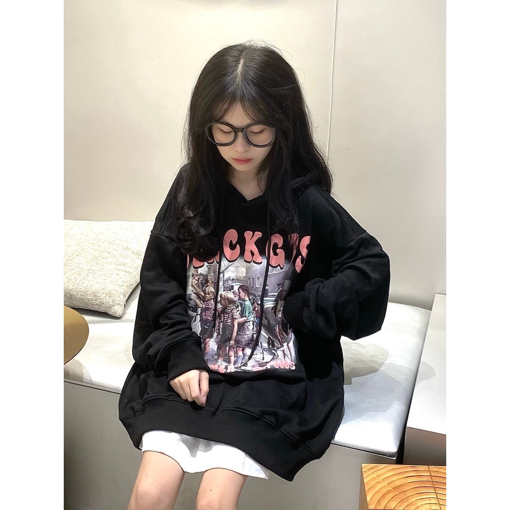 Sweater berkerudung super panas kepribadian wanita all-match ceruk musim gugur cetak baru versi Korea gaya malas longgar atasan lengan panjang
