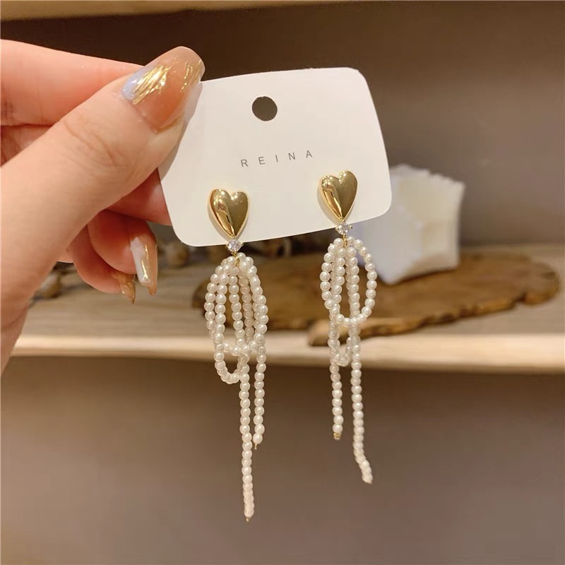 Anting Tusuk Gantung Panjang Silver 92 Wanita Desain Hati Rumbai Mutiara Gaya Musim Gugur / Dingin