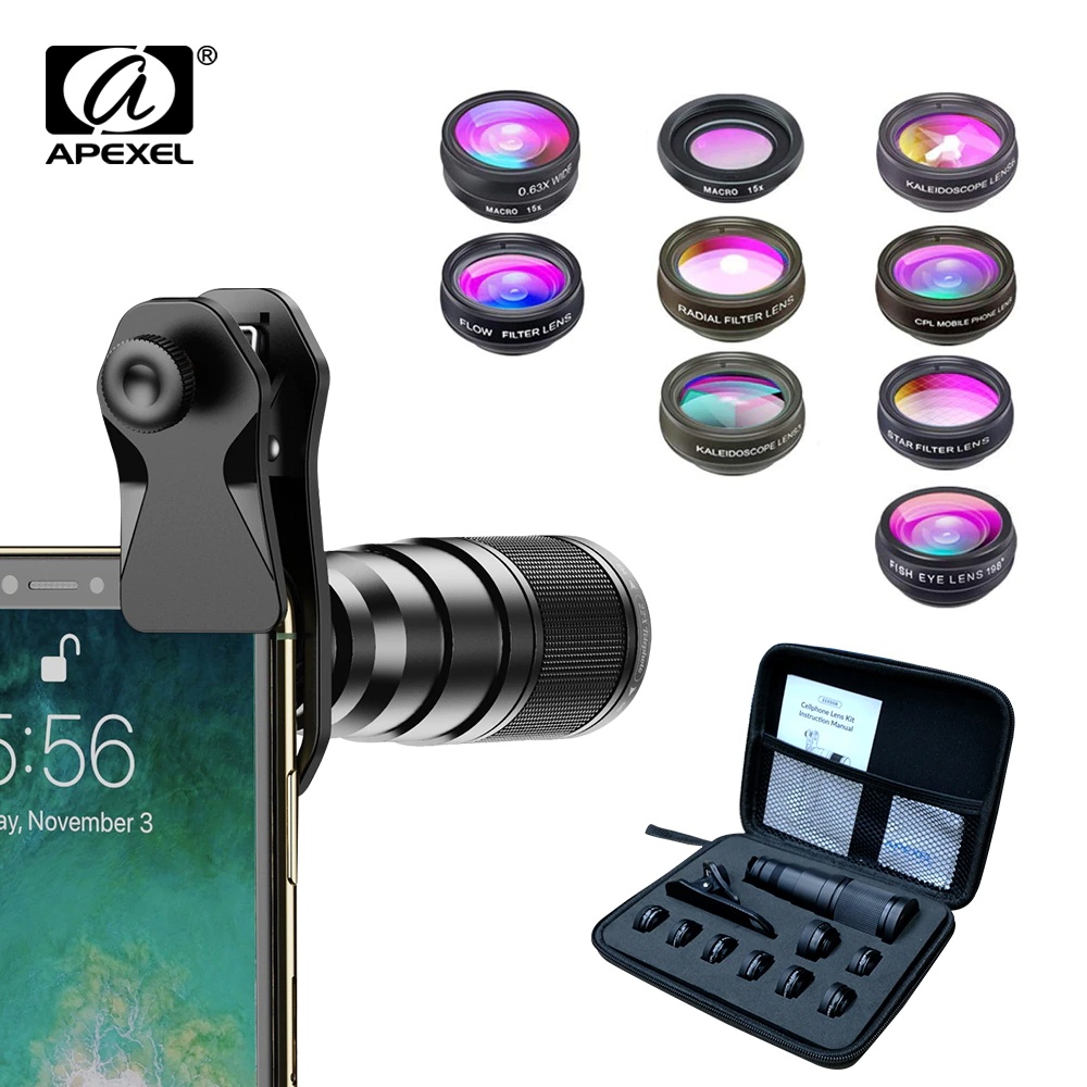APEXEL 10 in 1 Lensa Smartphone Telephoto Wide Macro Fisheye - APL-22XDG9 - Black